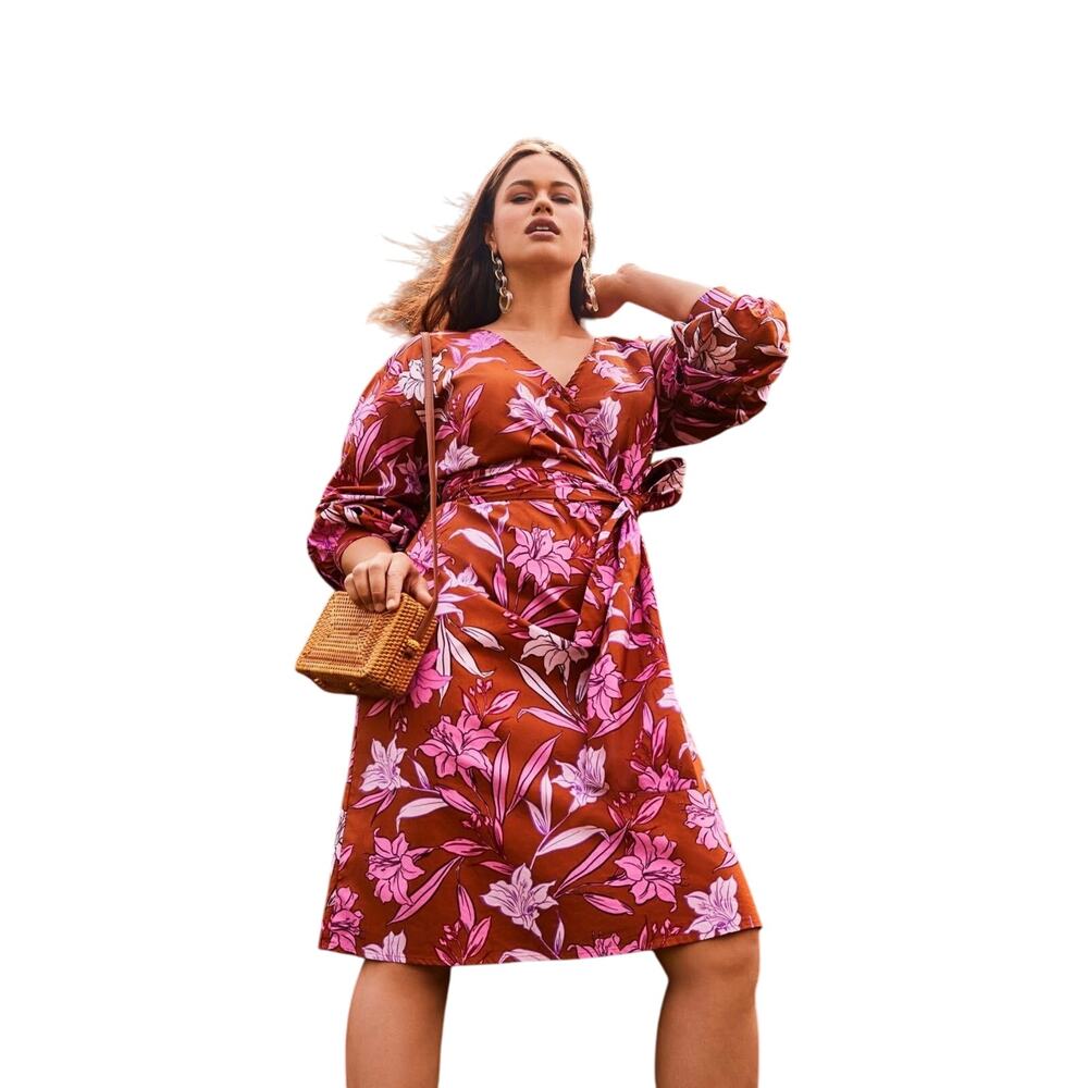 Eloquii Brown Pink Floral 100% Cotton Wrap Belted Midi Dress Ruffle Sleeves 14